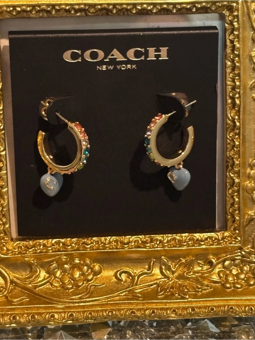 NWT Coach Rainbow Pavé Heart Charm Huggie Hoop Earrings Blue Gold